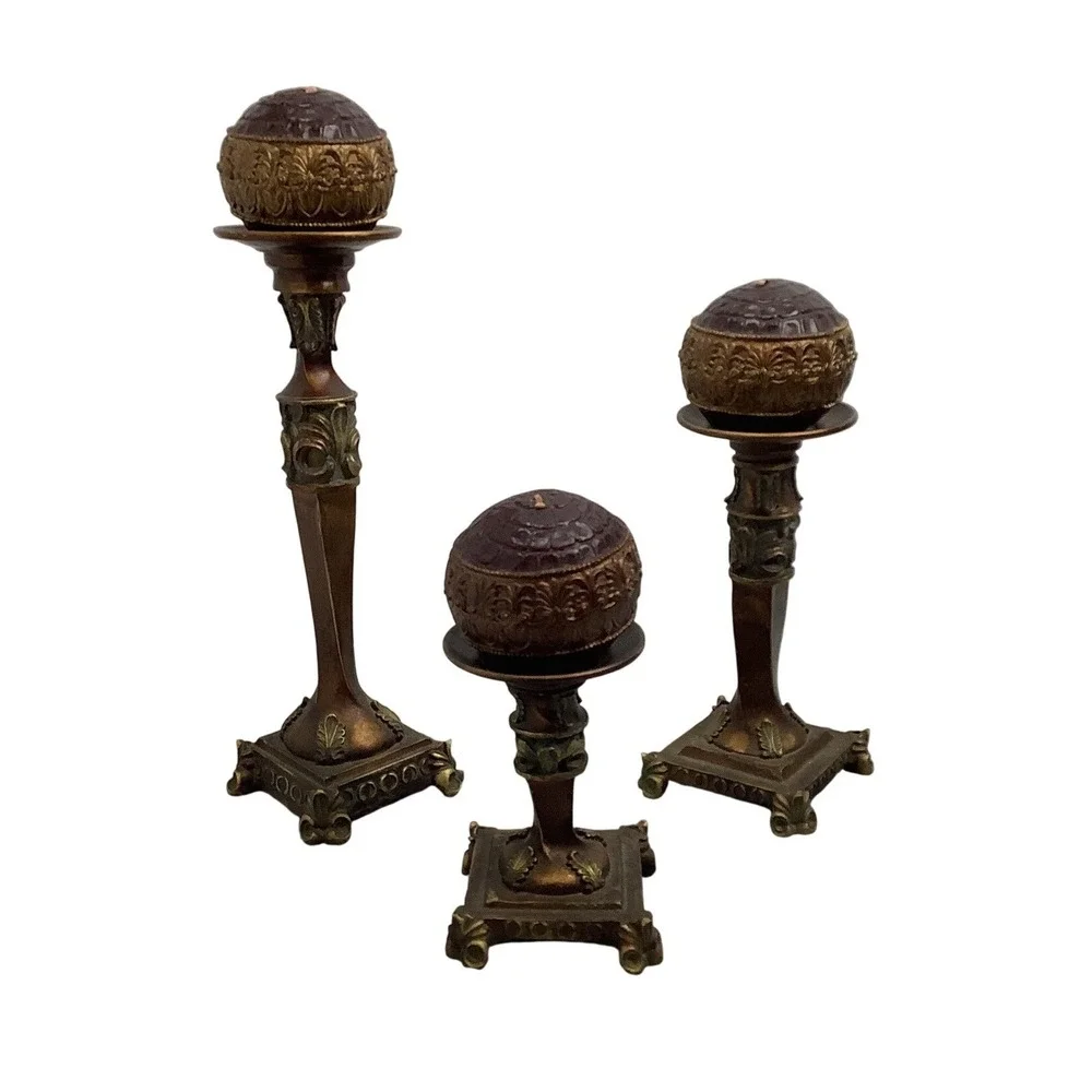 Vintage Style Bronze Gold Tiered Candle Holder Set of 3 WITH Sphere Candles